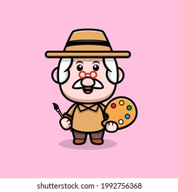 cute grandfather with panting tool cartoon illustration