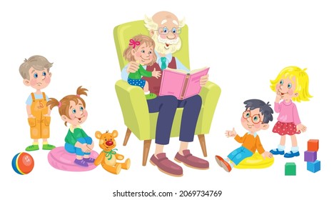 Cute grandfather is reading a book surrounded by children and toys. In cartoon style. Isolated on white background. Vector  illustration.