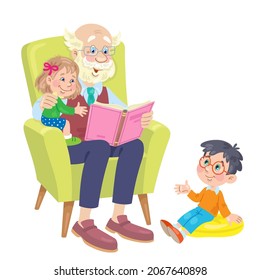 Cute grandfather reads an interesting book to his grandchildren, sitting in an armchair. In cartoon style. Isolated on white background. Vector flat illustration.