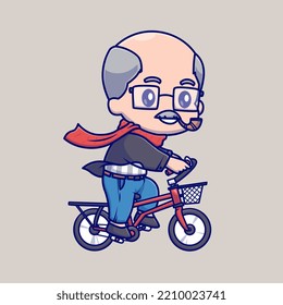 Cute Grandfather Riding Bicycle Cartoon Vector Icon Illustration. People Transportation Icon Concept Isolated Premium Vector. Flat Cartoon Style