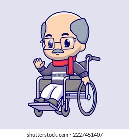 Un Abuelo Aburrido Sentado En Una Ilustración De Icono Del Vector De Caricaturas En silla De Ruedas. Vector Premium aislado de concepto de salud de la gente. Estilo de dibujo plano