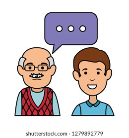 cute grandfather and son with speech bubbles