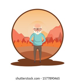 cute grandfather in the sunset landscape vector illustration design