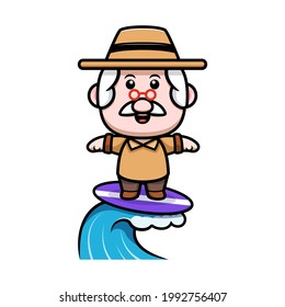 cute grandfather surfing on beach cartoon illustration