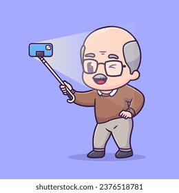 Cute Grandfather Taking Selfie with Phone Cartoon Vector
Icon Illustration. People Technology Icon Concept Isolated
Premium Vector. Flat Cartoon Style
