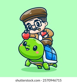 Cute Grandfather With Turtle And Love Cartoon Vector Icon 
Illustration. People Animal Icon Concept Isolated Premium 
Vector. Flat Cartoon Style 