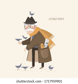 Cute grandfather. Vector illustration of a cheerful and funny elderly man in a coat and hat in autumn or spring on the street feeds the birds. Character drawing for postcard
 
