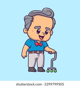 Cute Grandfather Walking with Cane Cartoon Vector Icon Illustration. People Health Icon Concept Isolated Premium Vector. Flat Cartoon Style