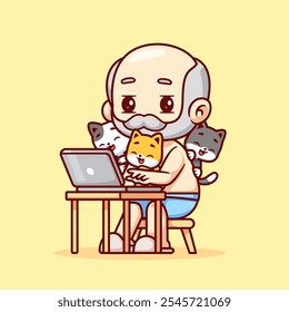 Cute Grandfather Working On Laptop With Cat Cartoon Vector 
Icon Illustration. People Technology Icon Concept Isolated 
Premium Vector. Flat Cartoon Style 