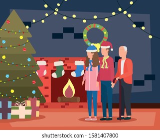 cute grandfather with young couple in room christmas decorated vector illustration design