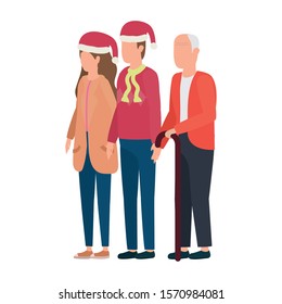 cute grandfather with young couple using christmas hat vector illustration design
