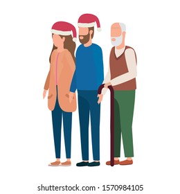 cute grandfather with young couple using christmas hat vector illustration design