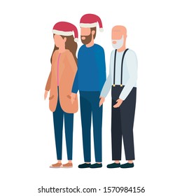 cute grandfather with young couple using christmas hat vector illustration design
