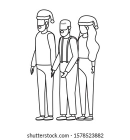 cute grandfather with young couple using christmas hat vector illustration design