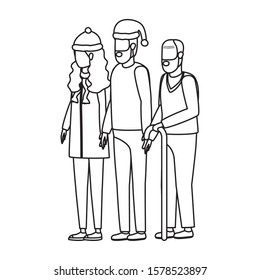 cute grandfather with young couple using christmas hat vector illustration design
