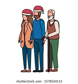 cute grandfather with young couple using christmas hat vector illustration design