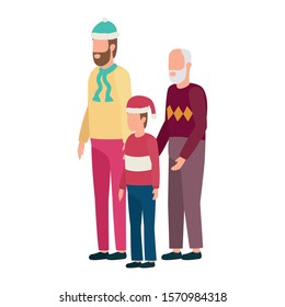 cute grandfather with young son and grandson using christmas hat vector illustration