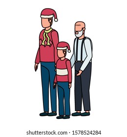 cute grandfather with young son and grandson using christmas hat vector illustration