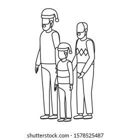 cute grandfather with young son and grandson using christmas hat vector illustration