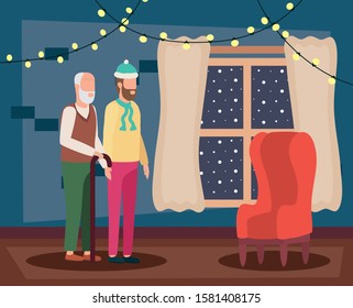 cute grandfather with young son in room christmas decorated vector illustration design