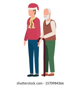 cute grandfather with young son using christmas hat vector illustration design