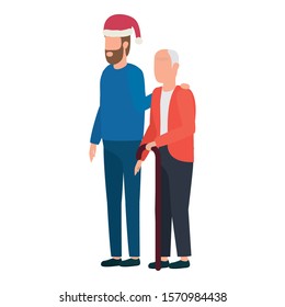 cute grandfather with young son using christmas hat vector illustration design