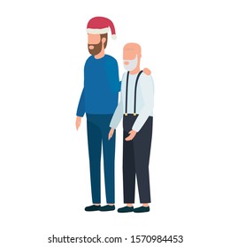cute grandfather with young son using christmas hat vector illustration design