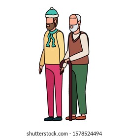 cute grandfather with young son using christmas hat vector illustration design