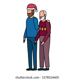 cute grandfather with young son using christmas hat vector illustration design