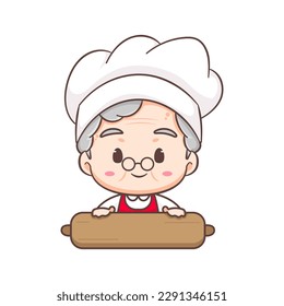 Cute Grandma as Baker cartoon character Rolling Dough. Profession Concept design. Flat adorable chibi vector illustration. Isolated white background