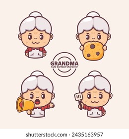 cute grandma cartoon character with different expressions, vector illustration in outline style