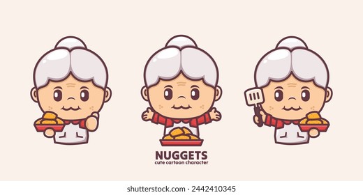 cute grandma cartoon character with nuggets, vector illustration in outline style