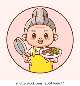 Nette Großmutter Chef Koch Chibi Kawaii Charakter Maskottchen Design Restaurant Café Shop Logo Umriss Stil Set