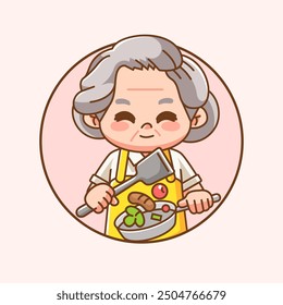 Cute grandma chef cook chibi kawaii character mascot design restaurant cafe shop logo outline style set
