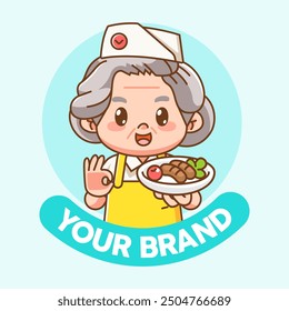 Cute grandma chef cook chibi kawaii character mascot design restaurant cafe shop logo outline style set