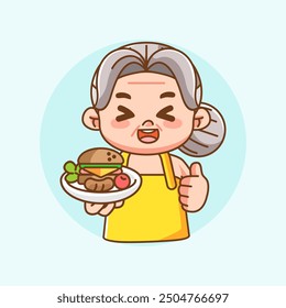 Cute grandma chef cook chibi kawaii character mascot design restaurant cafe shop logo outline style set