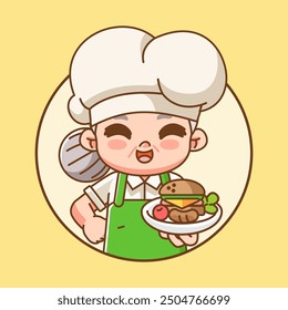 Nette Großmutter Chef Koch Chibi Kawaii Charakter Maskottchen Design Restaurant Café Shop Logo Umriss Stil Set