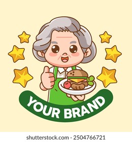 Cute grandma chef cook chibi kawaii character mascot design restaurant cafe shop logo outline style set