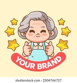 Cute grandma chef cook chibi kawaii character mascot design restaurant cafe shop logo outline style set