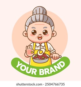 Nette Großmutter Chef Koch Chibi Kawaii Charakter Maskottchen Design Restaurant Café Shop Logo Umriss Stil Set