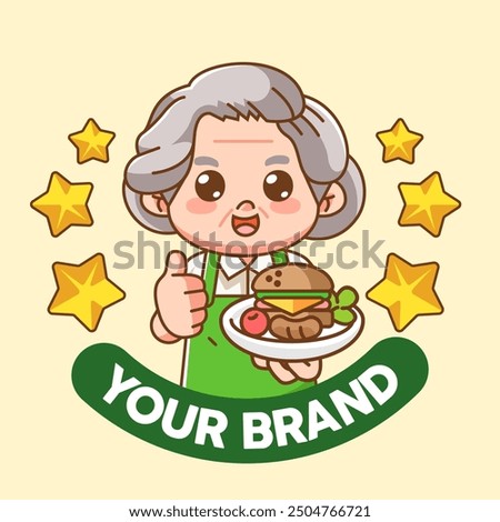 Cute grandma chef cook chibi kawaii character mascot design restaurant cafe shop logo outline style set