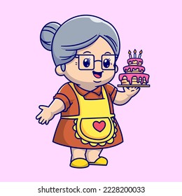 Cute Grandma Cooking Birthday Cake Cartoon Vector Icon Illustration. People Food Icon Concept Isolated Premium Vector. Flat Cartoon Style