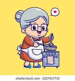 Cute Grandma Cooking In Kitchen Cartoon Vector Icon Illustration. People Food Icon Concept Isolated Premium Vector. Flat Cartoon Style