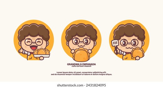 cute grandma with empanada, food cartoon mascot design, vector illustration in outline style