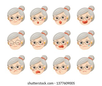 Cute grandma in glasses with facial emotions. Grandma face with different expressions. Granny in cartoon style vector illustration.