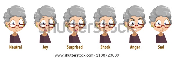 Cute grandma in glasses with various facial\
emotions. Avatars with neutral, joy, surprise, shock, anger and sad\
emotions. Female pensioner personage icons. Granny in cartoon style\
vector illustration