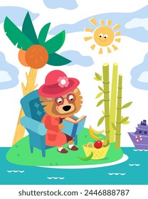 Cute grandma lion on island. Children color scene with animal. Color Funny cartoon character. Vector Illustration for book, design, posters, puzzle, games. Vector illustration.