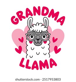 Cute Grandma Llama vector flat Illustration with Hearts, print, sublumation, t-shirt design