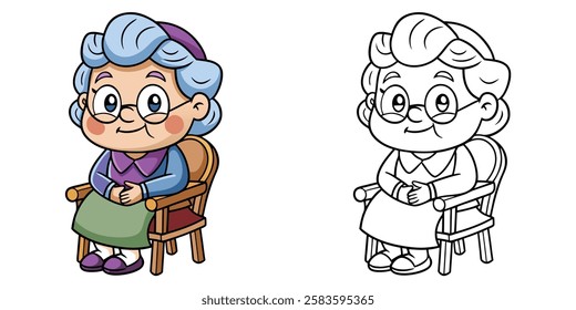 Cute Grandma Sitting On Chair Coloring Book For Kids Printable Vector