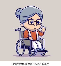 Cute Grandma Sitting On Wheelchair Cartoon Vector Icon Illustration. People Health Concept Isolated Premium Vector. Flat Cartoon Style